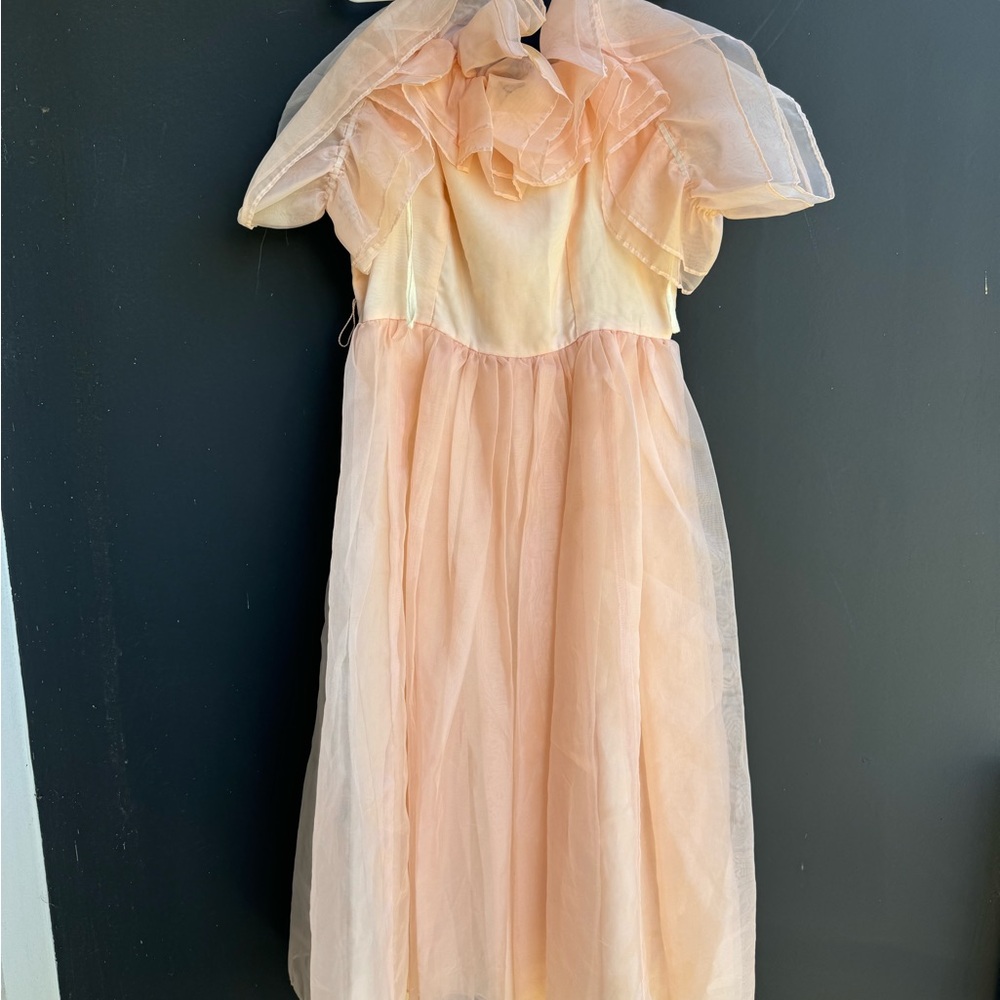 Vintage Peach/pink Ruffled Organza Midi Dress